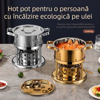 Oală mică pentru o singură porție din oțel inoxidabil 304, cu aragaz ecologic pe bază de ulei și alcool pentru uz casnic — câte o oală pe persoană, autoservire.