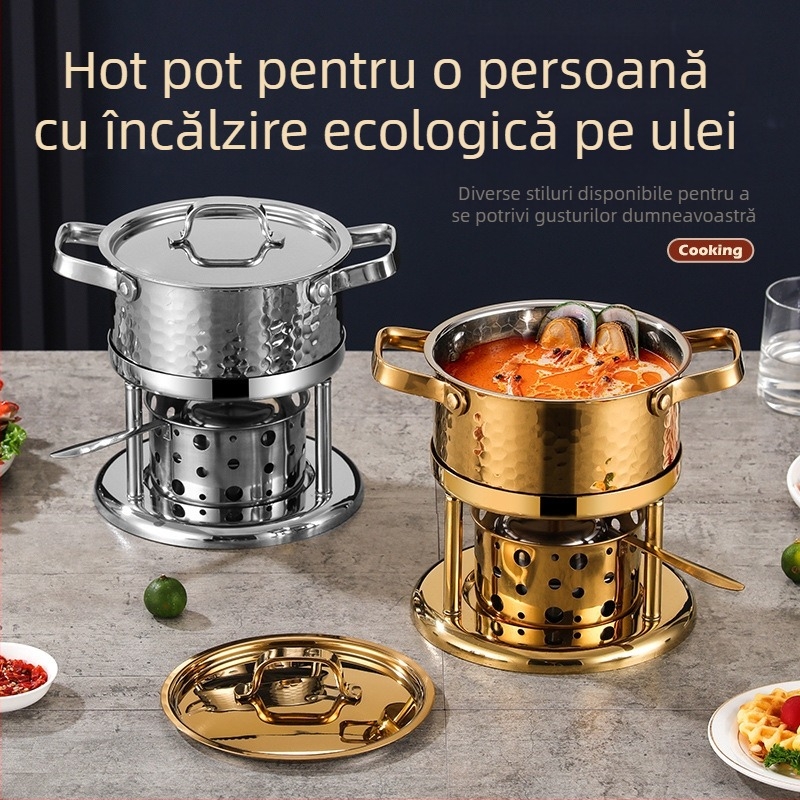 Oală mică pentru o singură porție din oțel inoxidabil 304, cu aragaz ecologic pe bază de ulei și alcool pentru uz casnic — câte o oală pe persoană, autoservire.