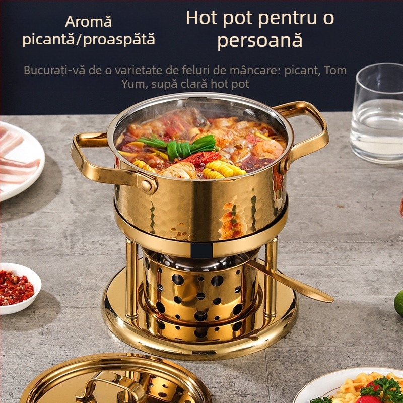 Oală mică pentru o singură porție din oțel inoxidabil 304, cu aragaz ecologic pe bază de ulei și alcool pentru uz casnic — câte o oală pe persoană, autoservire.