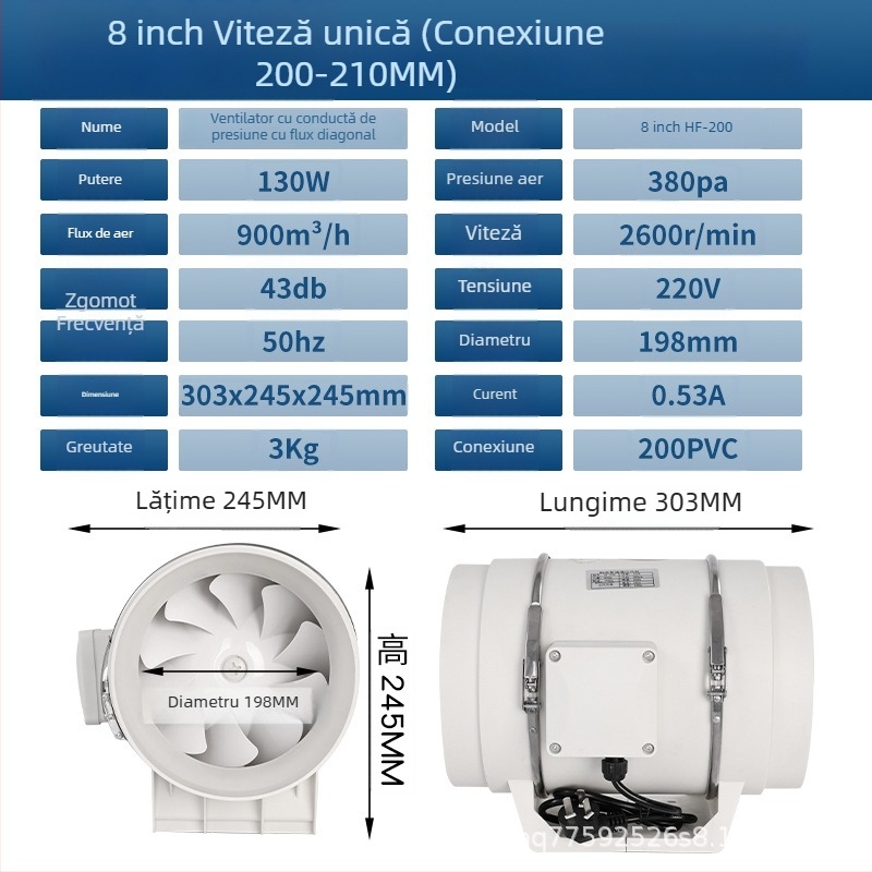 Ventilator canal pentru bucătărie și baie — evacuare silențioasă, cu putere mare pentru ventilație industrială