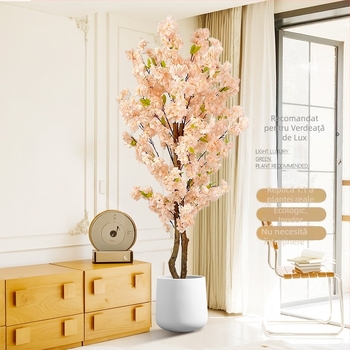 Copac Champagne în ghiveci, cu flori de piersic artificiale și verdeață, decor floral pentru podea în living.