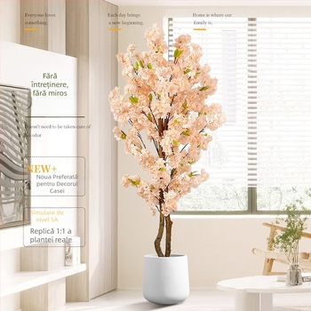 Copac Champagne în ghiveci, cu flori de piersic artificiale și verdeață, decor floral pentru podea în living.