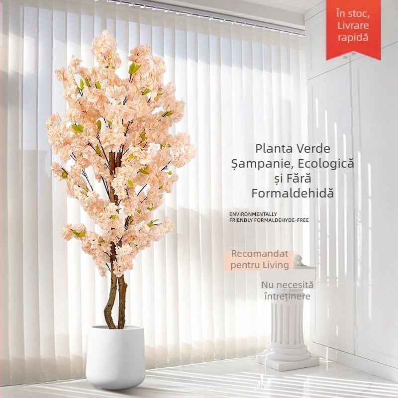 Copac Champagne în ghiveci, cu flori de piersic artificiale și verdeață, decor floral pentru podea în living.