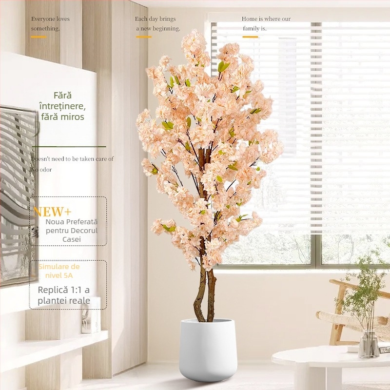 Copac Champagne în ghiveci, cu flori de piersic artificiale și verdeață, decor floral pentru podea în living.