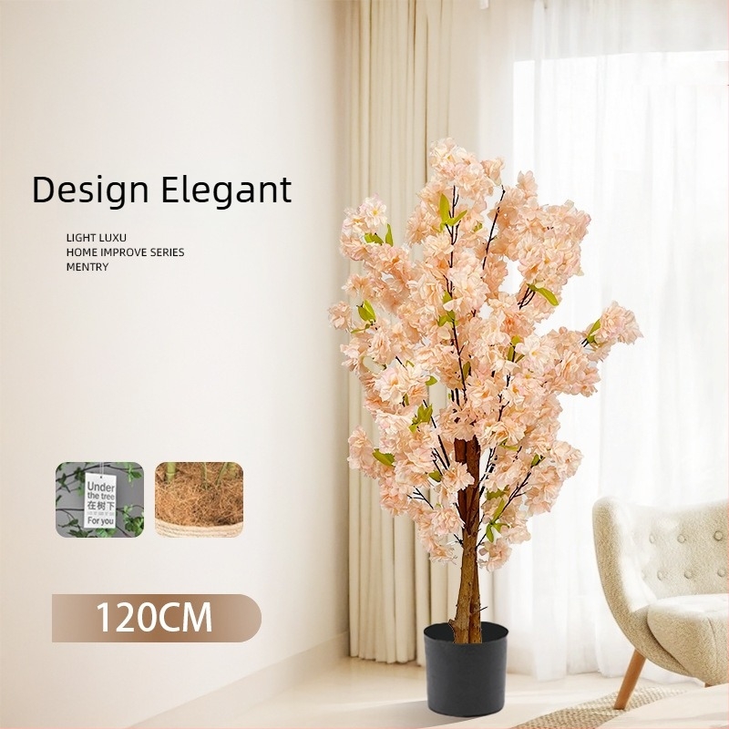 Copac Champagne în ghiveci, cu flori de piersic artificiale și verdeață, decor floral pentru podea în living.