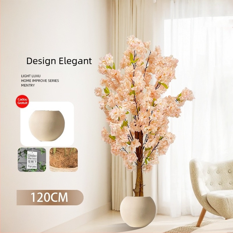 Copac Champagne în ghiveci, cu flori de piersic artificiale și verdeață, decor floral pentru podea în living.