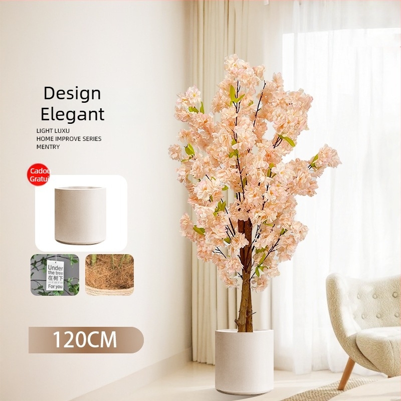 Copac Champagne în ghiveci, cu flori de piersic artificiale și verdeață, decor floral pentru podea în living.