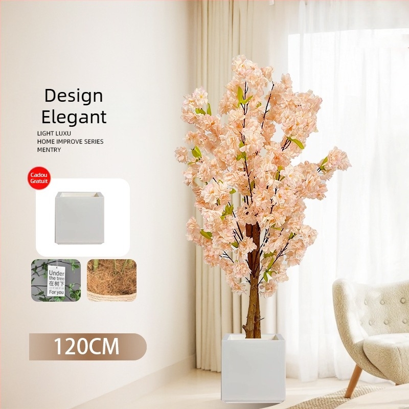 Copac Champagne în ghiveci, cu flori de piersic artificiale și verdeață, decor floral pentru podea în living.