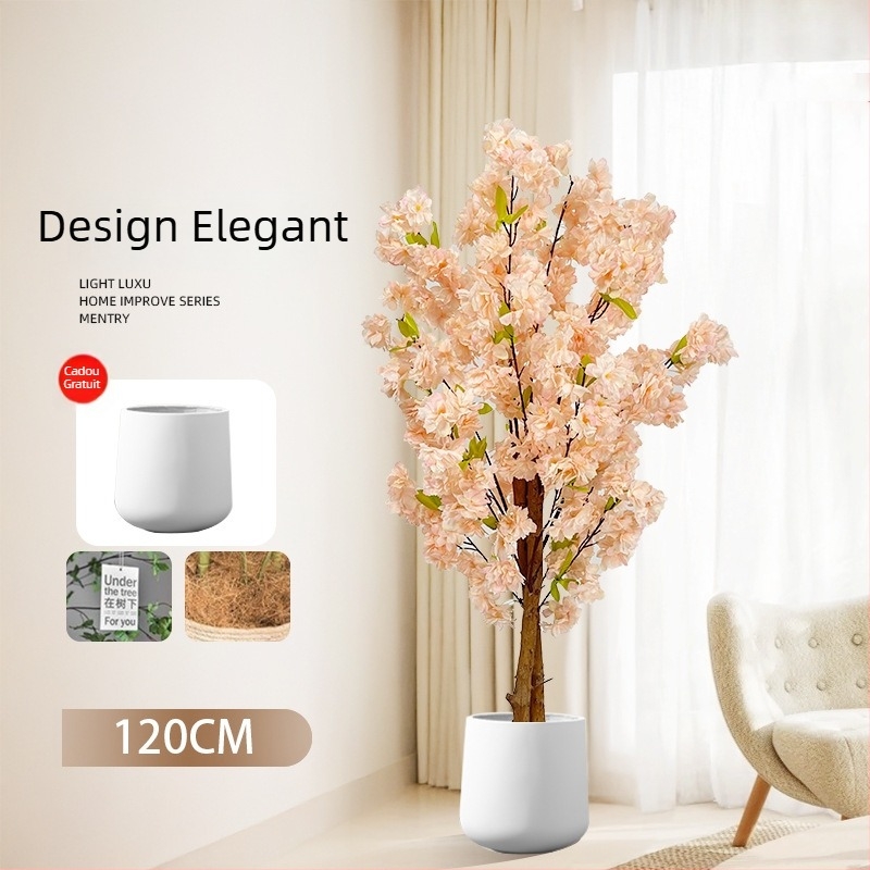 Copac Champagne în ghiveci, cu flori de piersic artificiale și verdeață, decor floral pentru podea în living.