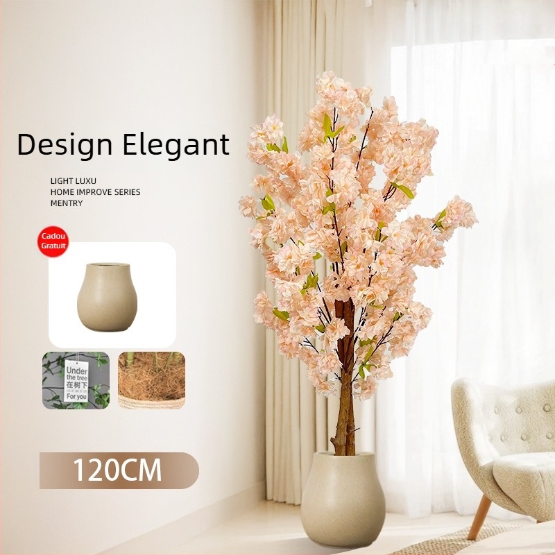 Copac Champagne în ghiveci, cu flori de piersic artificiale și verdeață, decor floral pentru podea în living.