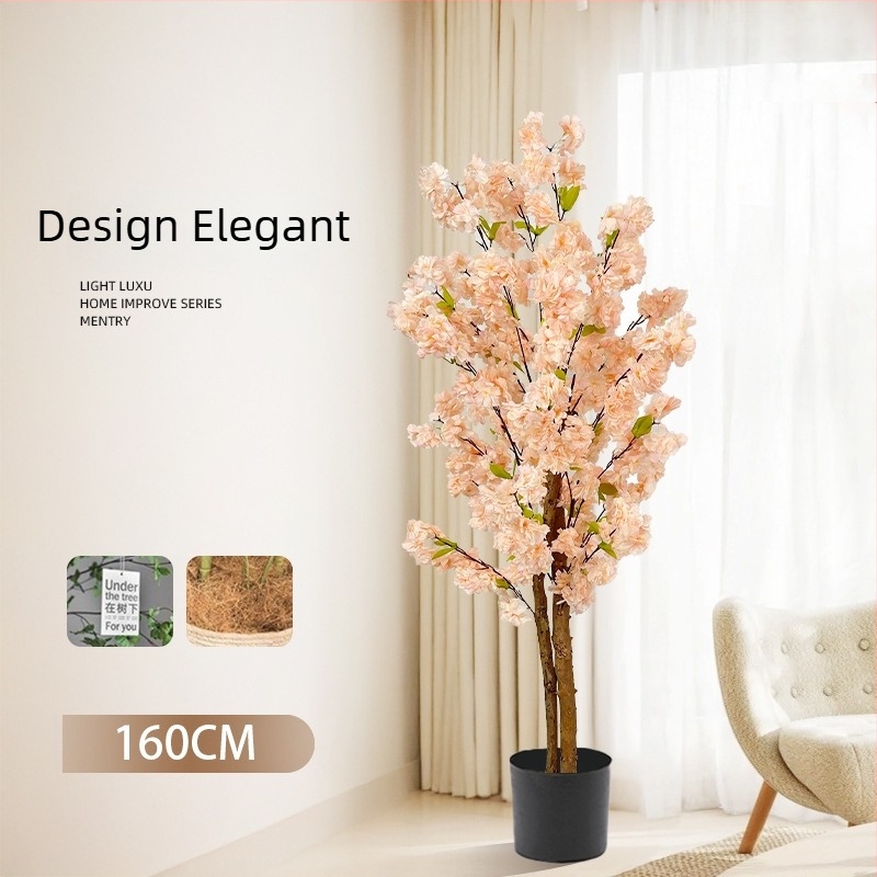 Copac Champagne în ghiveci, cu flori de piersic artificiale și verdeață, decor floral pentru podea în living.