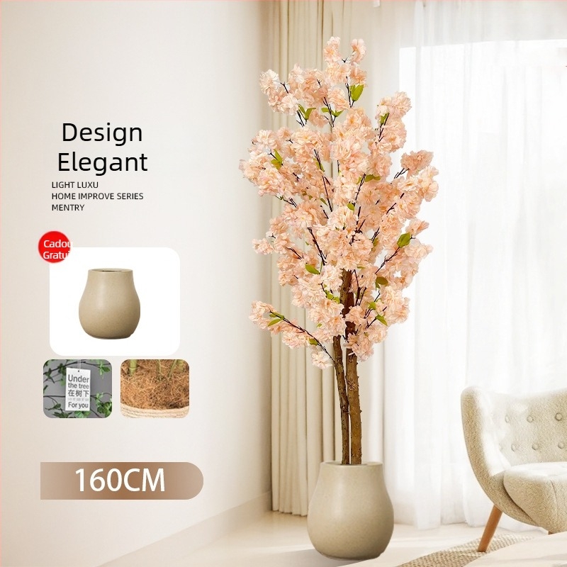 Copac Champagne în ghiveci, cu flori de piersic artificiale și verdeață, decor floral pentru podea în living.