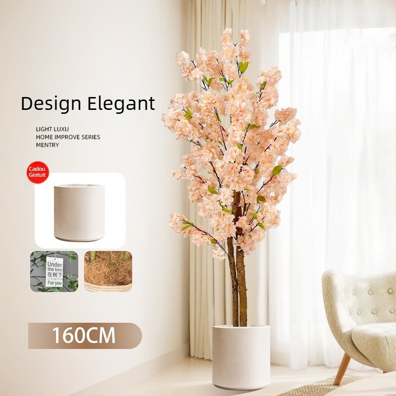 Copac Champagne în ghiveci, cu flori de piersic artificiale și verdeață, decor floral pentru podea în living.