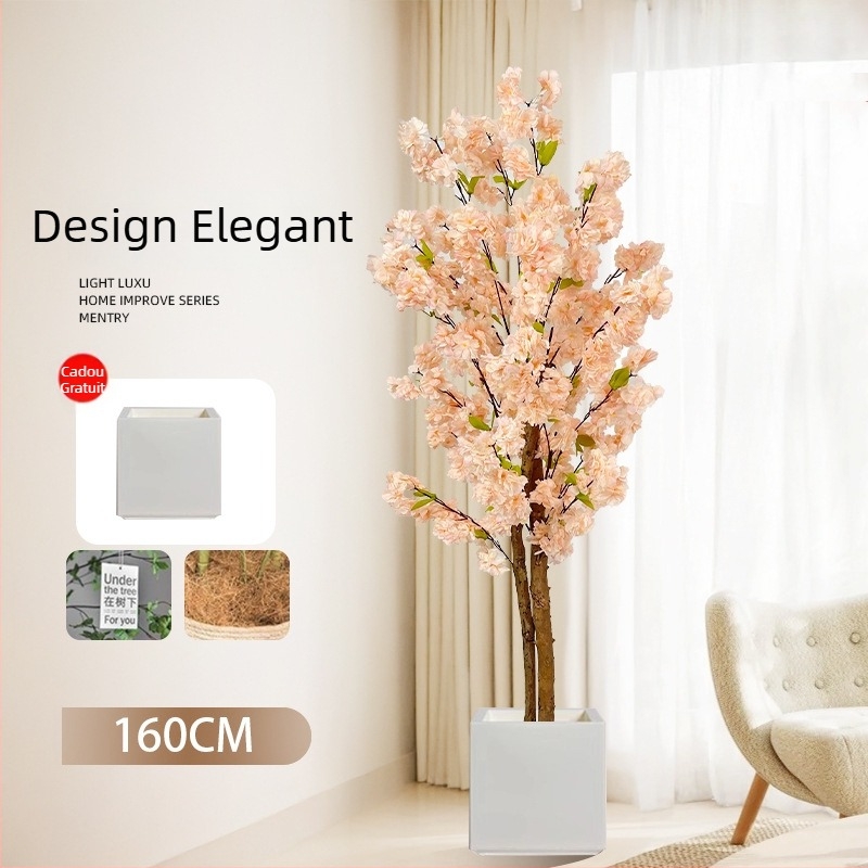 Copac Champagne în ghiveci, cu flori de piersic artificiale și verdeață, decor floral pentru podea în living.