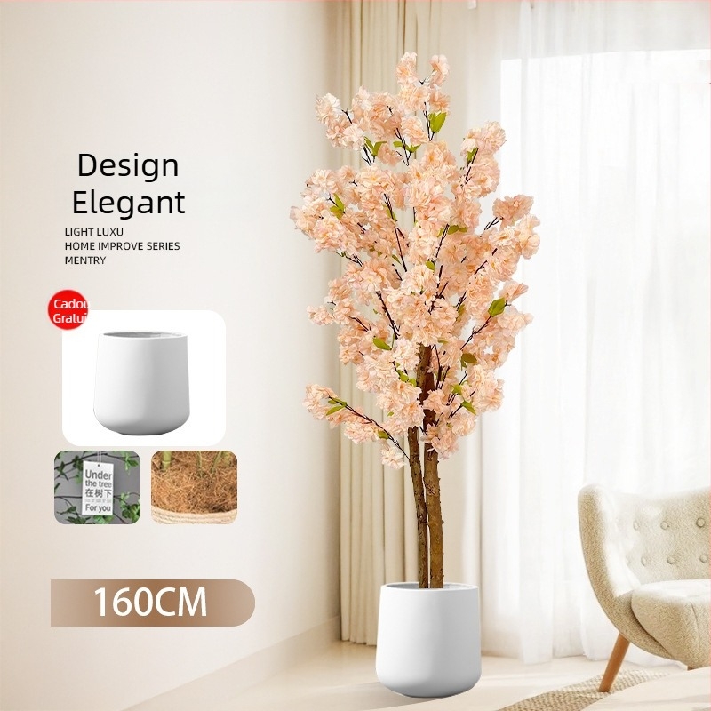 Copac Champagne în ghiveci, cu flori de piersic artificiale și verdeață, decor floral pentru podea în living.
