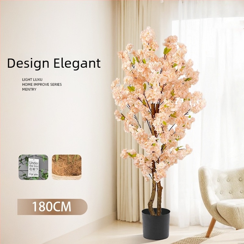 Copac Champagne în ghiveci, cu flori de piersic artificiale și verdeață, decor floral pentru podea în living.