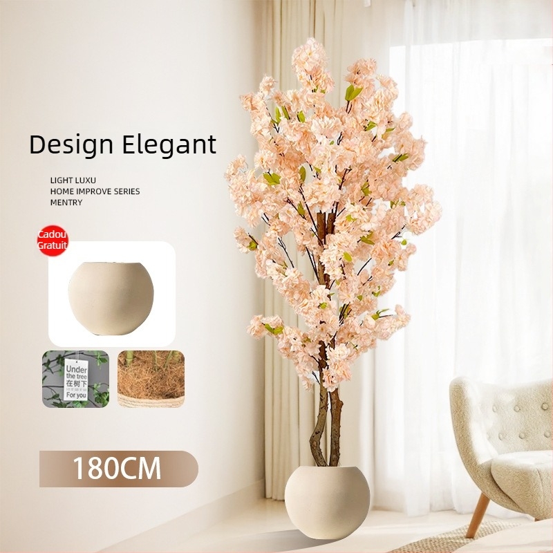 Copac Champagne în ghiveci, cu flori de piersic artificiale și verdeață, decor floral pentru podea în living.