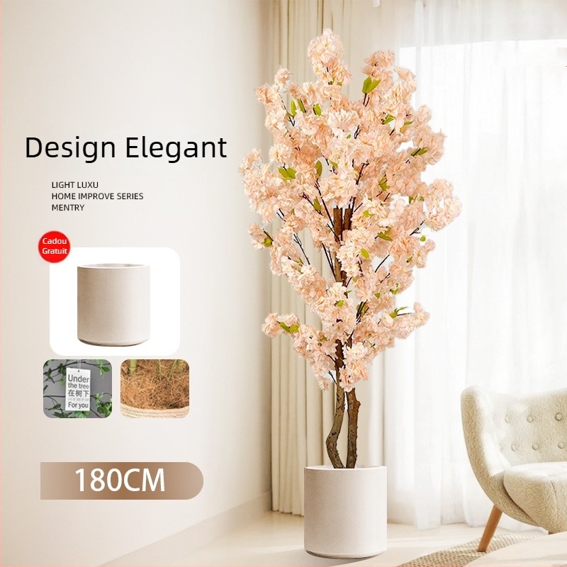 Copac Champagne în ghiveci, cu flori de piersic artificiale și verdeață, decor floral pentru podea în living.