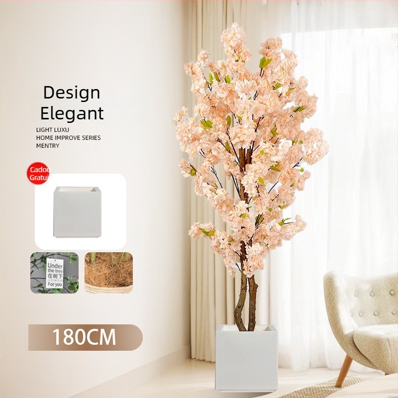 Copac Champagne în ghiveci, cu flori de piersic artificiale și verdeață, decor floral pentru podea în living.