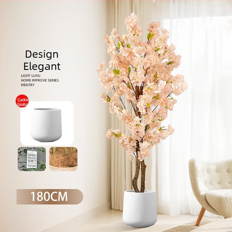 Copac Champagne în ghiveci, cu flori de piersic artificiale și verdeață, decor floral pentru podea în living.