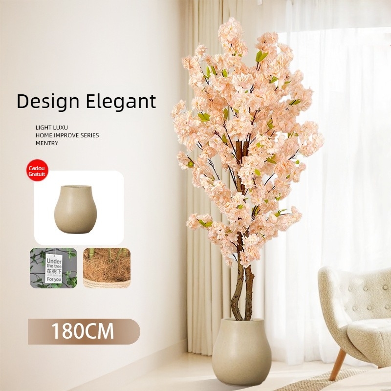 Copac Champagne în ghiveci, cu flori de piersic artificiale și verdeață, decor floral pentru podea în living.