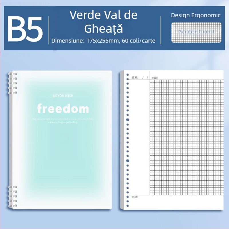 Jurnal Cornell B5 cu foi detașabile, perforat, cu metoda de memorare 5R a lui Ebbinghaus pentru elevi de gimnaziu și liceu