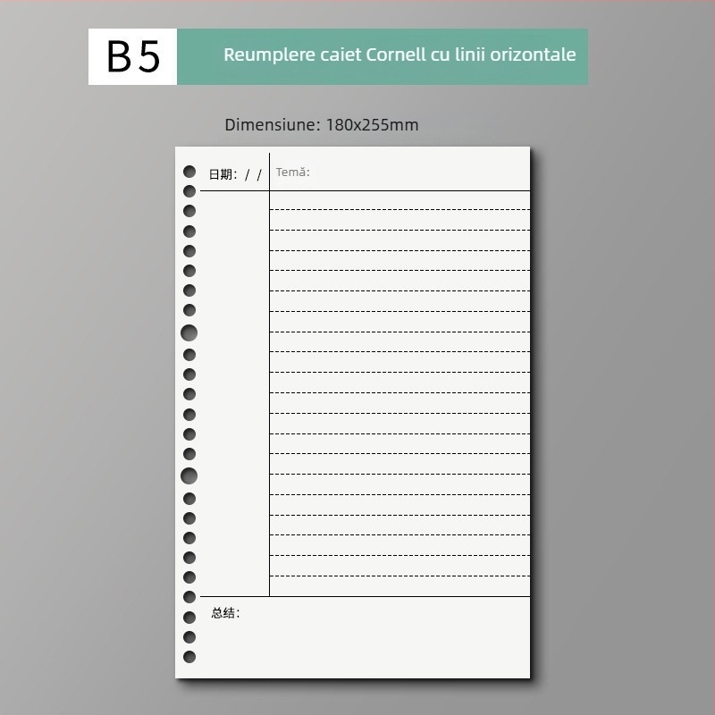 Jurnal Cornell B5 cu foi detașabile, perforat, cu metoda de memorare 5R a lui Ebbinghaus pentru elevi de gimnaziu și liceu
