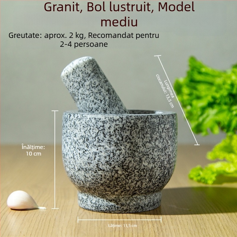 Mojar din piatră pentru zdrobirea usturoiului și presă de usturoi din granit, uz casnic