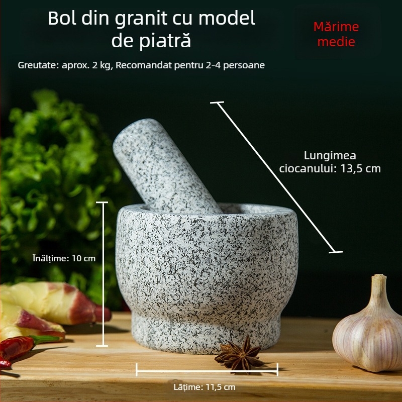 Mojar din piatră pentru zdrobirea usturoiului și presă de usturoi din granit, uz casnic