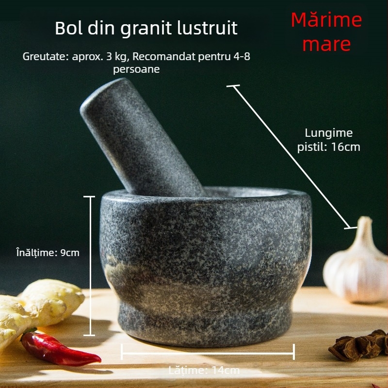 Mojar din piatră pentru zdrobirea usturoiului și presă de usturoi din granit, uz casnic