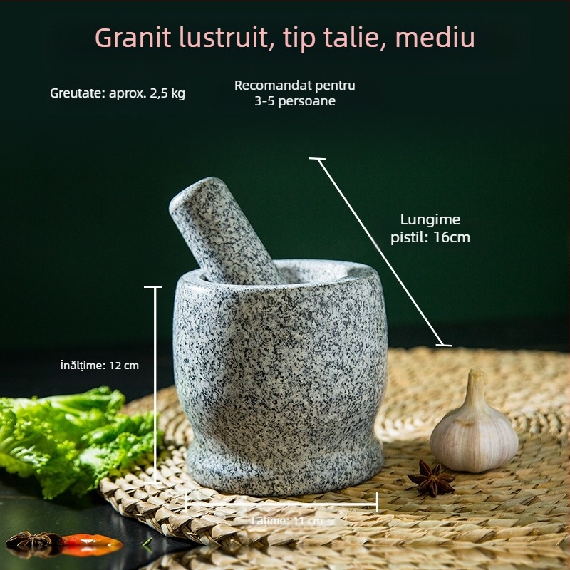 Mojar din piatră pentru zdrobirea usturoiului și presă de usturoi din granit, uz casnic