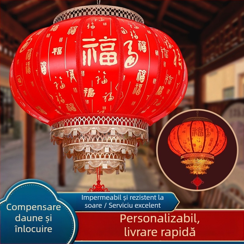 Felinar rotund din blană de oaie, decor exterior roșu cu imprimare, impermeabil, potrivit pentru deschideri și case noi, stil Palat Chinezesc