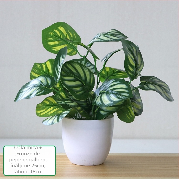 Plantă artificială cu frunze verzi, ghiveci din plastic, decor interior pentru living sau birou