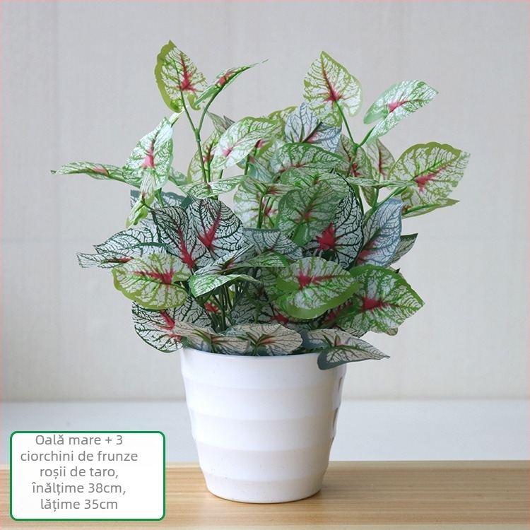 Plantă artificială cu frunze verzi, ghiveci din plastic, decor interior pentru living sau birou