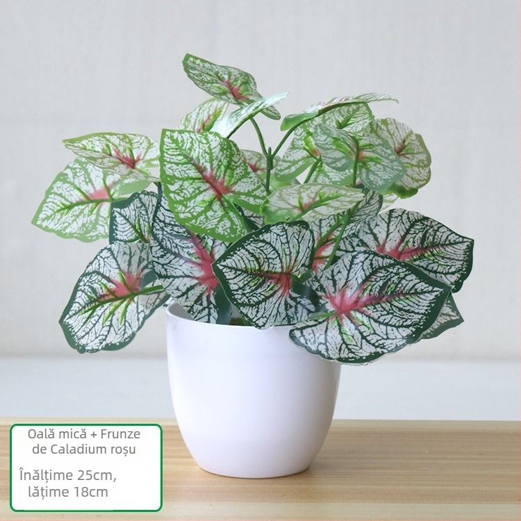Plantă artificială cu frunze verzi, ghiveci din plastic, decor interior pentru living sau birou