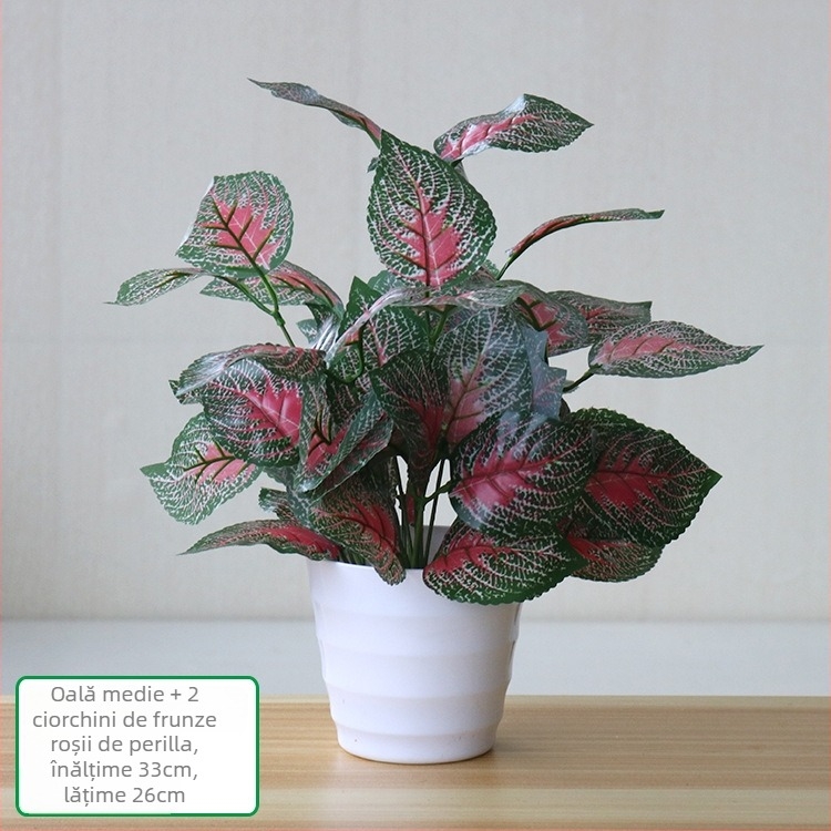 Plantă artificială cu frunze verzi, ghiveci din plastic, decor interior pentru living sau birou