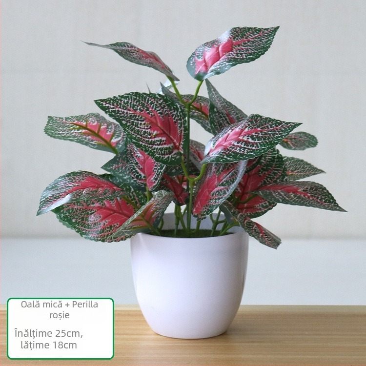 Plantă artificială cu frunze verzi, ghiveci din plastic, decor interior pentru living sau birou