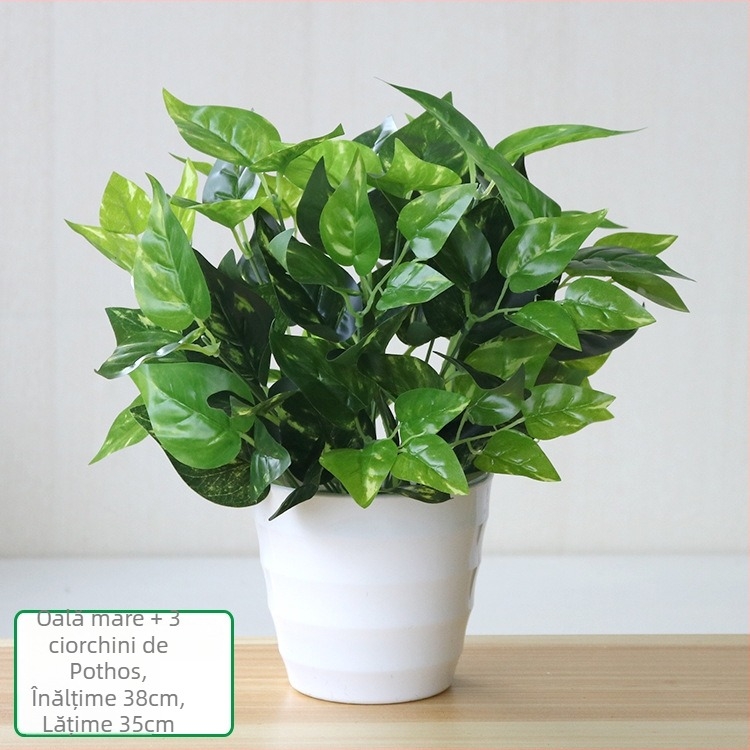 Plantă artificială cu frunze verzi, ghiveci din plastic, decor interior pentru living sau birou