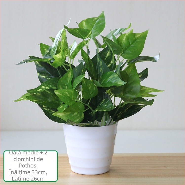 Plantă artificială cu frunze verzi, ghiveci din plastic, decor interior pentru living sau birou