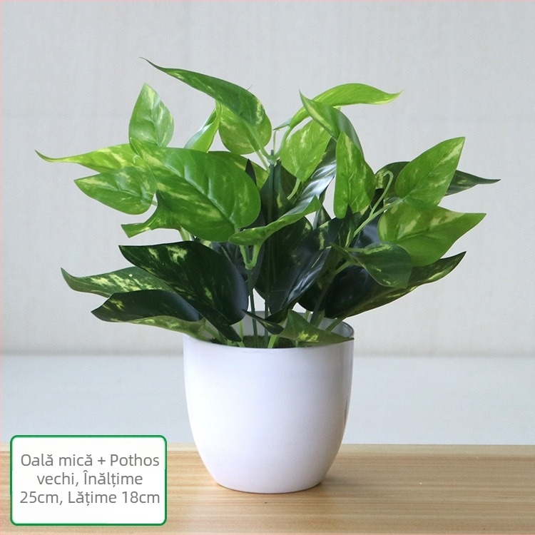 Plantă artificială cu frunze verzi, ghiveci din plastic, decor interior pentru living sau birou