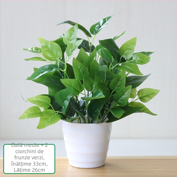 Plantă artificială cu frunze verzi, ghiveci din plastic, decor interior pentru living sau birou