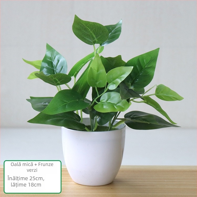 Plantă artificială cu frunze verzi, ghiveci din plastic, decor interior pentru living sau birou
