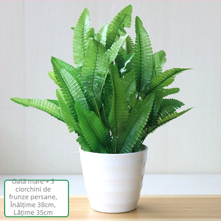 Plantă artificială cu frunze verzi, ghiveci din plastic, decor interior pentru living sau birou