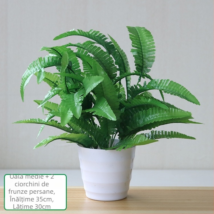 Plantă artificială cu frunze verzi, ghiveci din plastic, decor interior pentru living sau birou