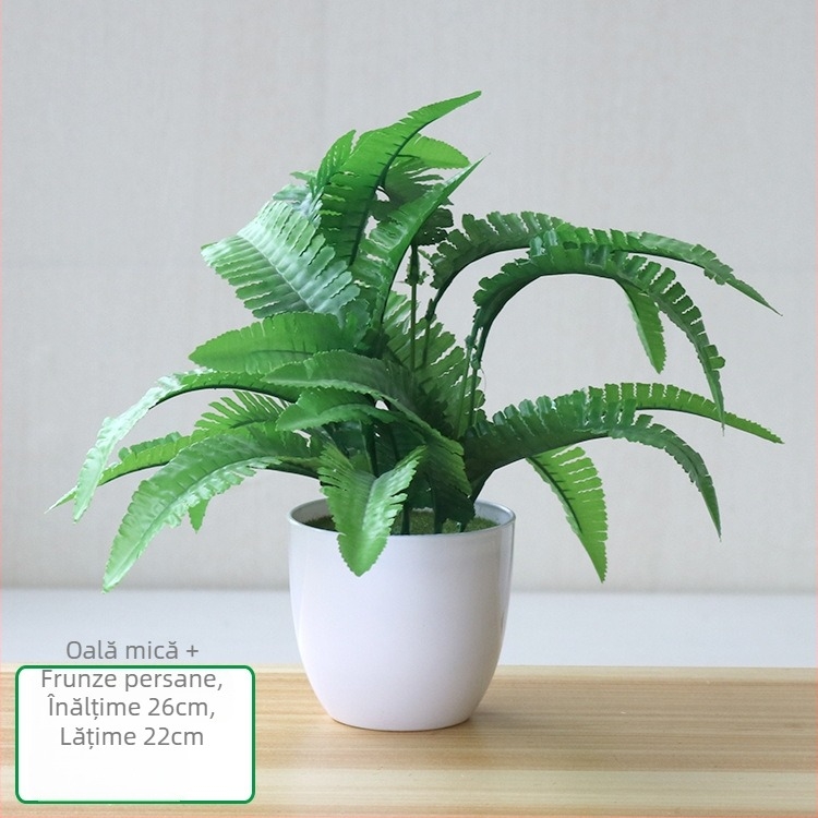Plantă artificială cu frunze verzi, ghiveci din plastic, decor interior pentru living sau birou