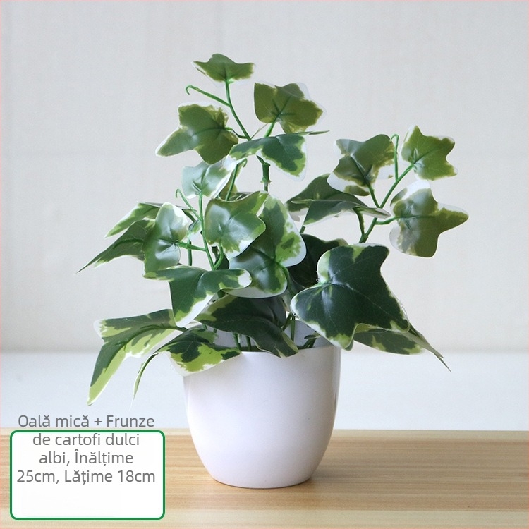Plantă artificială cu frunze verzi, ghiveci din plastic, decor interior pentru living sau birou
