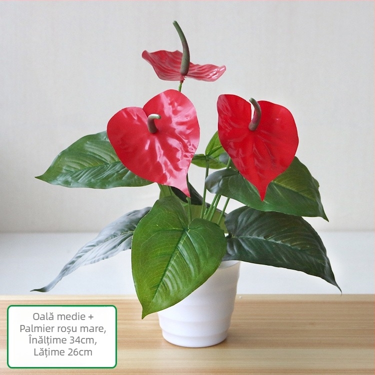 Plantă artificială cu frunze verzi, ghiveci din plastic, decor interior pentru living sau birou