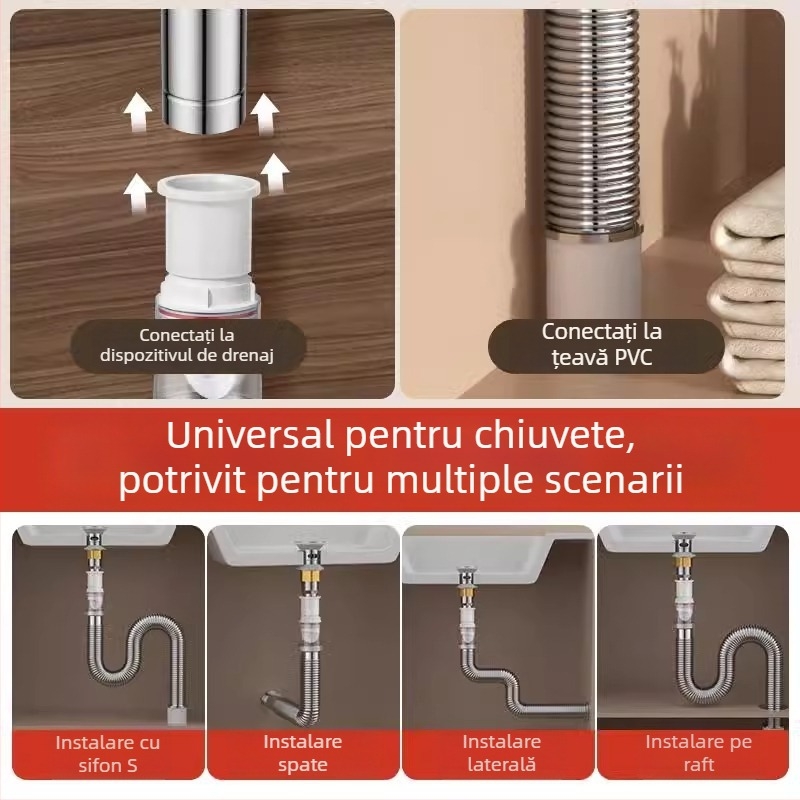 Sistem universal de scurgere pentru chiuvetă din oțel inoxidabil, control al mirosului și accesorii de scurgere