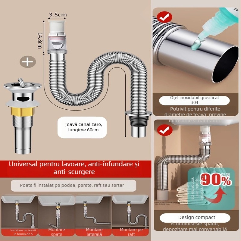 Sistem universal de scurgere pentru chiuvetă din oțel inoxidabil, control al mirosului și accesorii de scurgere