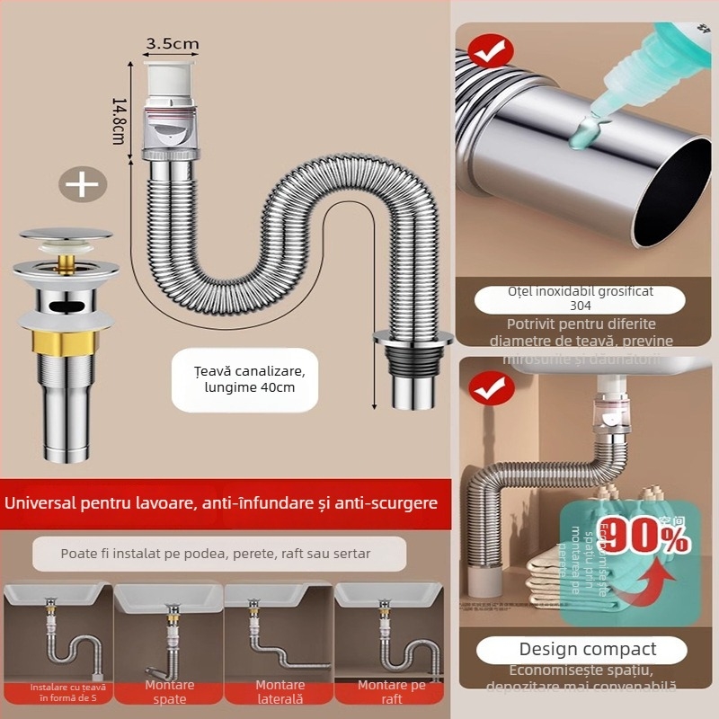 Sistem universal de scurgere pentru chiuvetă din oțel inoxidabil, control al mirosului și accesorii de scurgere